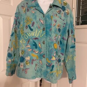 Alex Kim Embellished Jacket Artwear Teal Hand Beaded Embroidered | L